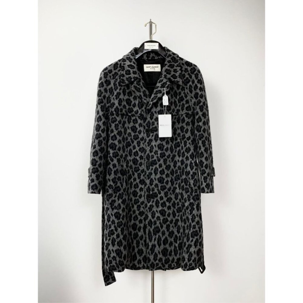 Saint Laurent Paris Leopard Print Wool-Blend Belted Long Coat M